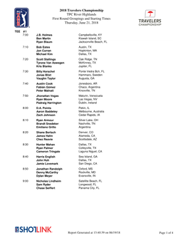 2018 Travelers Championship TPC River Highlands First Round Groupings and Starting Times Thursday, June 21, 2018