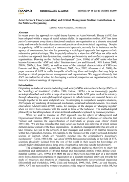 1 Actor Network Theory (And After) and Critical Management Studies