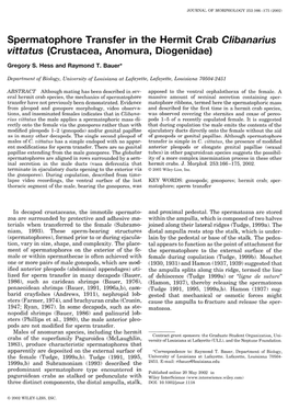 Spermatophore Transfer in the Hermit Crab Clibanarius Vittatus (Crustacea, Anomura, Diogenidae) Gregory S