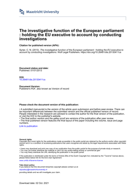 The Investigative Function of the European Parliament : Holding the EU Executive to Account by Conducting Investigations