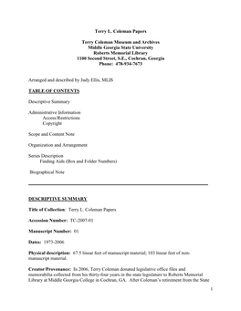 1 Terry L. Coleman Papers Terry Coleman Museum and Archives Middle Georgia State University Roberts Memorial Library 1100 Second