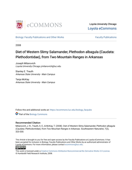 Diet of Western Slimy Salamander, Plethodon Albagula (Caudata: Plethodontidae), from Two Mountain Ranges in Arkansas