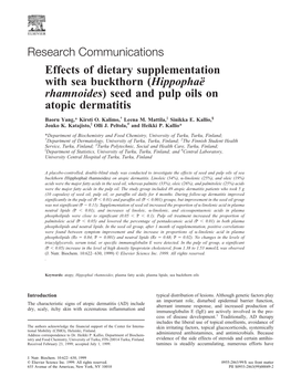 Research Communications Effects of Dietary Supplementation with Sea Buckthorn (Hippophaë Rhamnoides) Seed and Pulp Oils on Atop