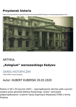 „Kolegium” Warszawskiego Kedywu OKRES HISTORYCZNY Autor