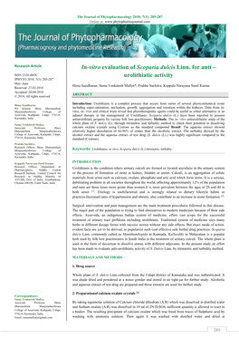 In-Vitro Evaluation of Scoparia Dulcis Linn. for Anti – Urolithiatic Activity
