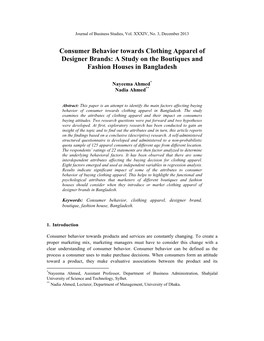 Consumer Behavior Towards Clothing Apparel of Designer Brands: a Study on the Boutiques and Fashion Houses in Bangladesh