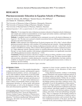 Pharmacoeconomic Education in Egyptian Schools of Pharmacy Ahmed M