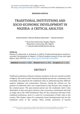 Traditional Institutions and Socio-Economic Development in Nigeria: a Critical Analysis