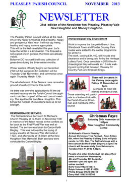 NEWSLETTER 31St Edition of the Newsletter For: Pleasley, Pleasley Vale New Houghton and Stoney Houghton