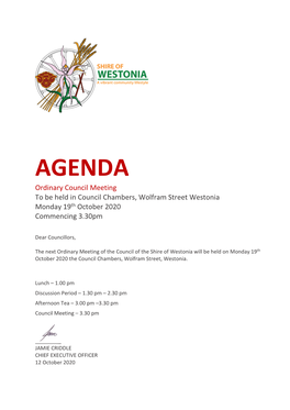 AGENDA Ordinary Council Meeting to Be Held in Council Chambers, Wolfram Street Westonia Monday 19Th October 2020 Commencing 3.30Pm