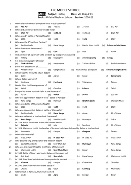 FFC MODEL SCHOOL Mcqs Subject : History Class : VII- Chap # 01 Book : Al-Faisal Nashran