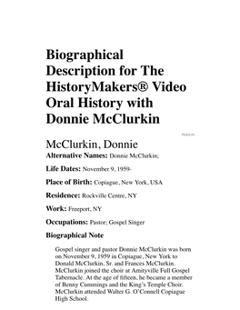 Biographical Description for the Historymakers® Video Oral History with Donnie Mcclurkin