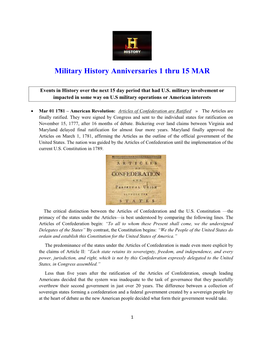 Military History Anniversaries 1 Thru 15 MAR