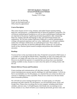 1 SOCI 601 Qualitative Methods II Advanced Field Research Methods