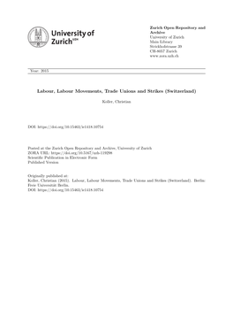 Labour, Labour Movements, Trade Unions and Strikes (Switzerland)