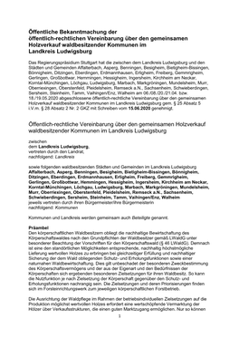 Öffentliche Bekanntmachung Der Öffentlich-Rechtlichen Vereinbarung Über Den Gemeinsamen Holzverkauf Waldbesitzender Kommunen Im Landkreis Ludwigsburg