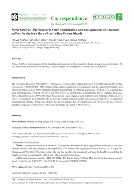 Pteris Barklyae (Pteridaceae): a New Combination and Neotypication of Adiantum Pallens for the Fern Flora of the Indian Ocean Islands