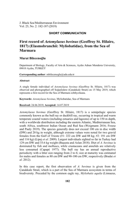 First Record of Aetomylaeus Bovinus (Geoffroy St. Hilaire, 1817) (Elasmobranchii: Myliobatidae), from the Sea of Marmara