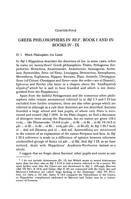 Greek Philosophers in Ref. Book I and in Books Iv -Ix
