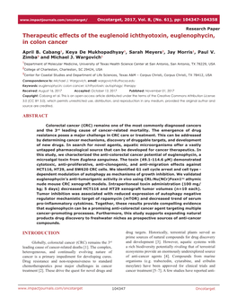 Therapeutic Effects of the Euglenoid Ichthyotoxin, Euglenophycin, in Colon Cancer