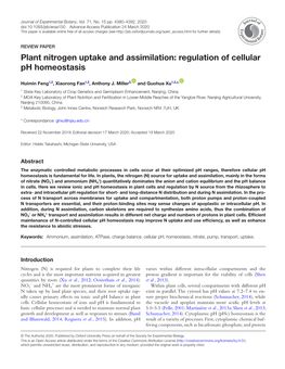 Plant Nitrogen Uptake and Assimilation: Regulation of Cellular Ph Homeostasis