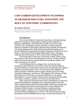 Low Carbon Development Planning in Iskandar Malaysia