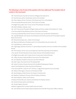 The Following Is a List of Some of the Speakers Who Have Addressed the Canadian Club of London in the Recent Past