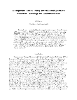 Management Science, Theory of Constraints/Optimized Production Technology and Local Optimization