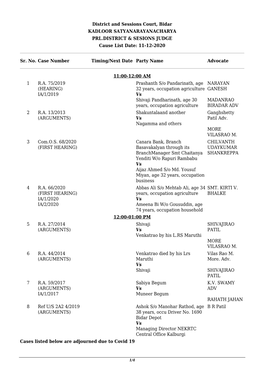 District and Sessions Court, Bidar KADLOOR SATYANARAYANACHARYA PRL.DISTRICT & SESIONS JUDGE Cause List Date: 11-12-2020