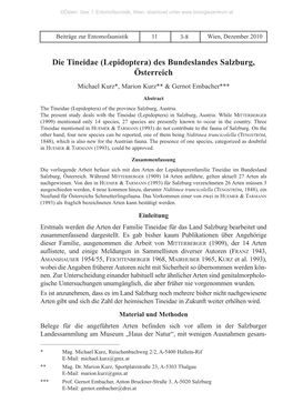 Die Tineidae (Lepidoptera) Des Bundeslandes Salzburg, Österreich Michael Kurz*, Marion Kurz** & Gernot Embacher***