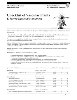 Checklist of Vascular Plants El Morro National Monument