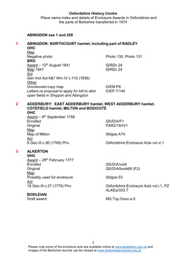 Oxfordshire History Centre Place Name Index and Details of Enclosure Awards in Oxfordshire and the Parts of Berkshire Transferred in 1974