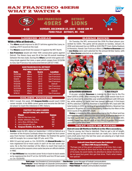 49Ers Lions 4-10 Sunday, December 27, 2015 | 10:00 Am Pt 5-9 Ford Field | Detroit, Mi | Fox