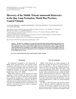 Discovery of the Middle Triassic Ammonoid Balatonites in the Quy Lang Formation, Thanh Hoa Province, Central Vietnam