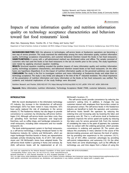 Impacts of Menu Information Quality and Nutrition Information Quality on Technology Acceptance Characteristics and Behaviors Toward Fast Food Restaurants’ Kiosk