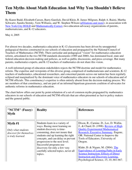 Ten Myths About Mathematics Education