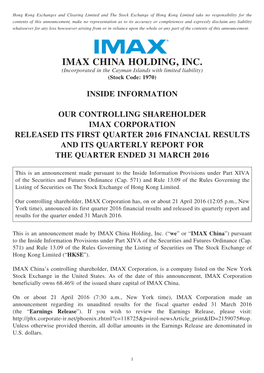 IMAX CHINA HOLDING, INC. (Incorporated in the Cayman Islands with Limited Liability) (Stock Code: 1970)