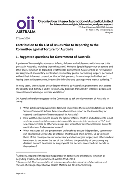 Contribution to the List of Issues Prior to Reporting to the Committee Against Torture for Australia 1. Suggested Questions Fo