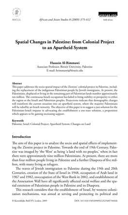 Spatial Changes in Palestine: from Colonial Project to an Apartheid System