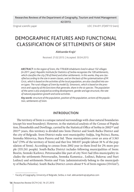 Demographic Features and Functional Classification of Settlements of Srem