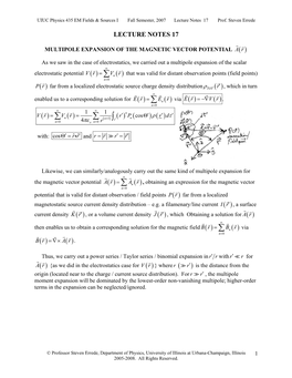 Lecture Notes 17: Multipole Expansion of the Magnetic Vector Potential, A