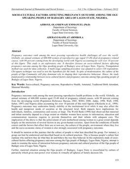 Socio-Cultural Factors Affecting Pregnancy Outcome Among the Ogu Speaking People of Badagry Area of Lagos State, Nigeria