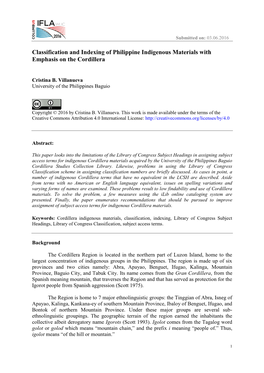 Classification and Indexing of Philippine Indigenous Materials with Emphasis on the Cordillera