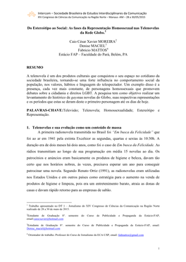 Do Estereótipo Ao Social: As Fases Da Representação Homossexual Nas Telenovelas Da Rede Globo.1