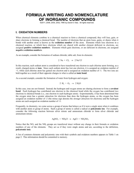 FORMULA WRITING and NOMENCLATURE of INORGANIC COMPOUNDS ©2011, 2006, 2004, 2002, 1990 by David A