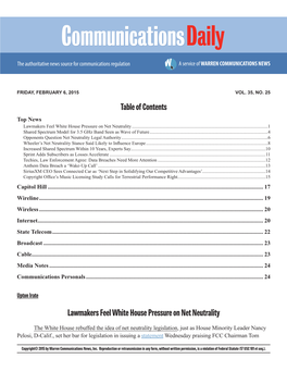 Lawmakers Feel White House Pressure on Net Neutrality Table Of