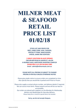 Milner Meat & Seafood Retail Price List 01/02/18