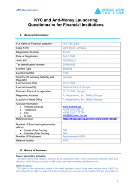 KYC and Anti-Money Laundering Questionnaire for Financial Institutions