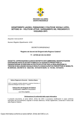 Dipartimento Lavoro, Formazione E Politiche Sociali (Lfps). Settore 04 - Politiche Attive, Superamento Del Precariato E Vigilanza Enti