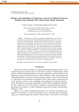 Biology and Metabolism of Glyptonotus Antarcticus (Eights) (Crustacea: Isopoda) from Admiralty Bay, King George Island, Antarctica